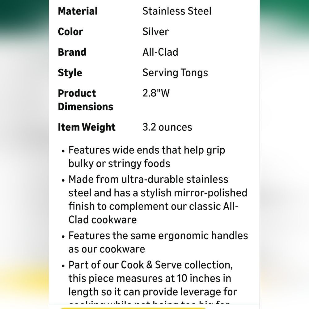 All-Clad Stainless Steel 9.5" Serving Tongs - Picture 5 of 9